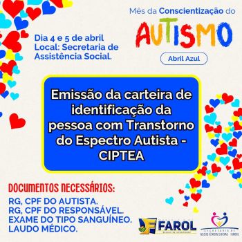 Abril Azul: Farol realiza cadastramento para emissão de carteira  de identificação de crianças Autistas nesta 5ª e 6ª feiras